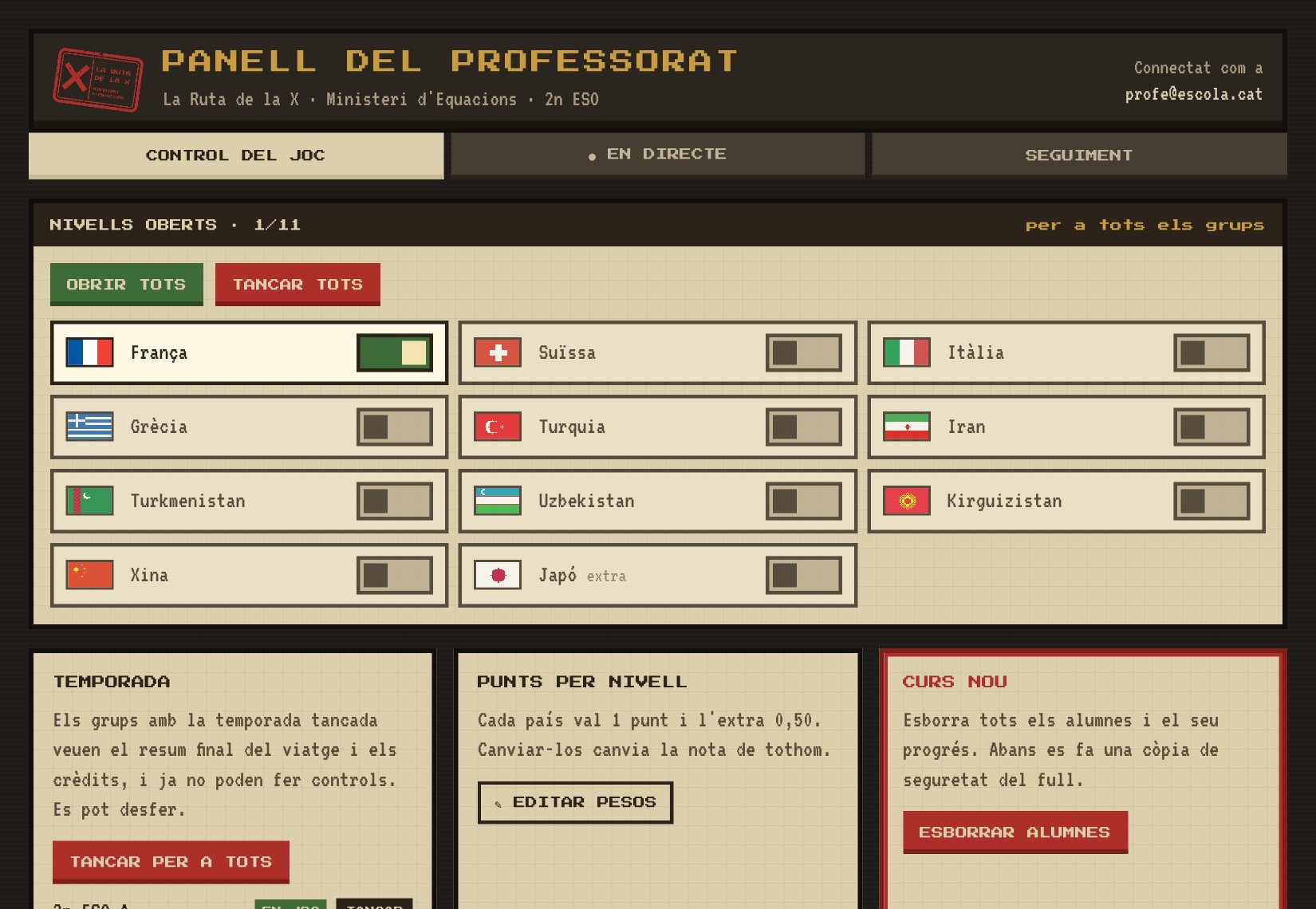 Control del joc: nivells, temporada, pesos i curs nou